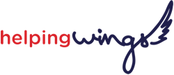 The helping wings red and dark blue logo, with a wing at the end